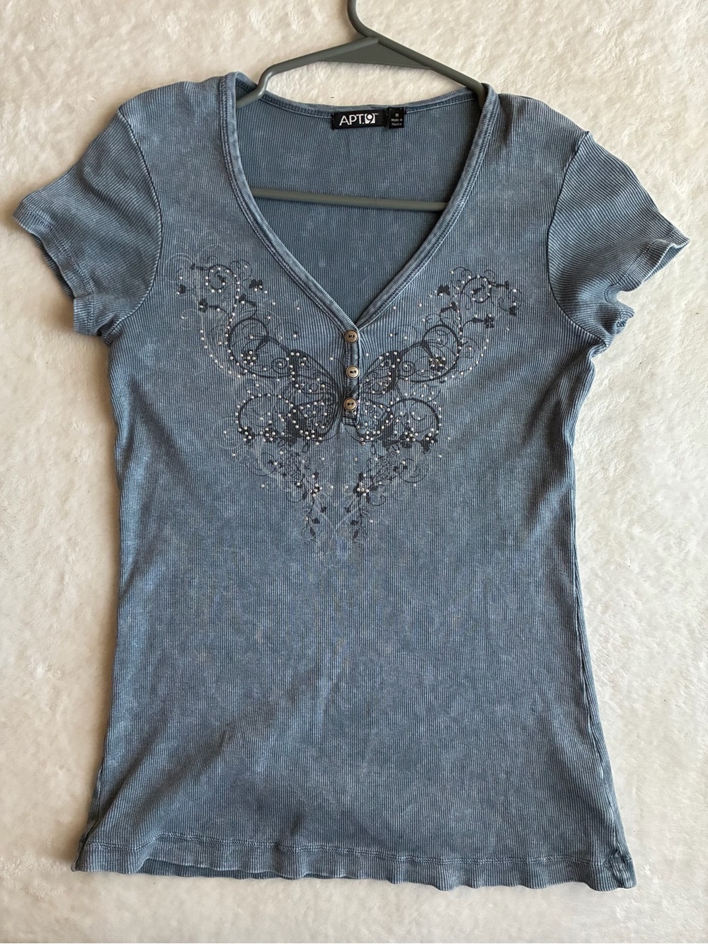 Apt. 9 Women's Faded Blue V-Neck Tee with Rhinestone Embroidery